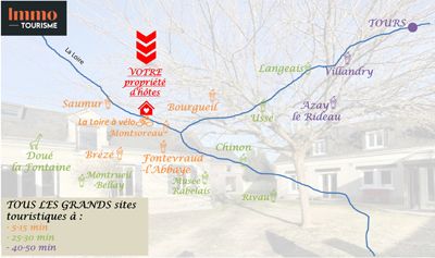 carte touristique avec Chambres d'hôtes à vendre et gîte à vendre entre Saumur et Bourgueil