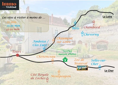 situation géographique des Chambres d’hôtes et troglodyte à vendre entre Beauval et Châteaux de la Loire